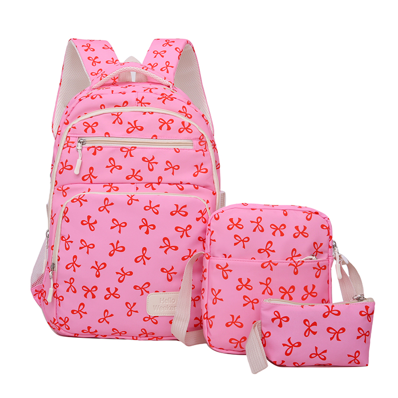 Sling Backpack Shoulder - กระเป๋าเป้ลายโบว์น่ารัก 3 ชิ้น พร้อมกระเป๋าสะพายข้างและกระเป๋าเก็บของ กระเป๋าเป้สะพายหลังน่ารัก ทำจากไนลอนนุ่ม